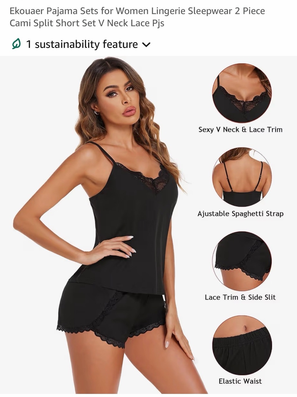 Black Lace-Trim Cami & Short Sleep Set - Ekouaer